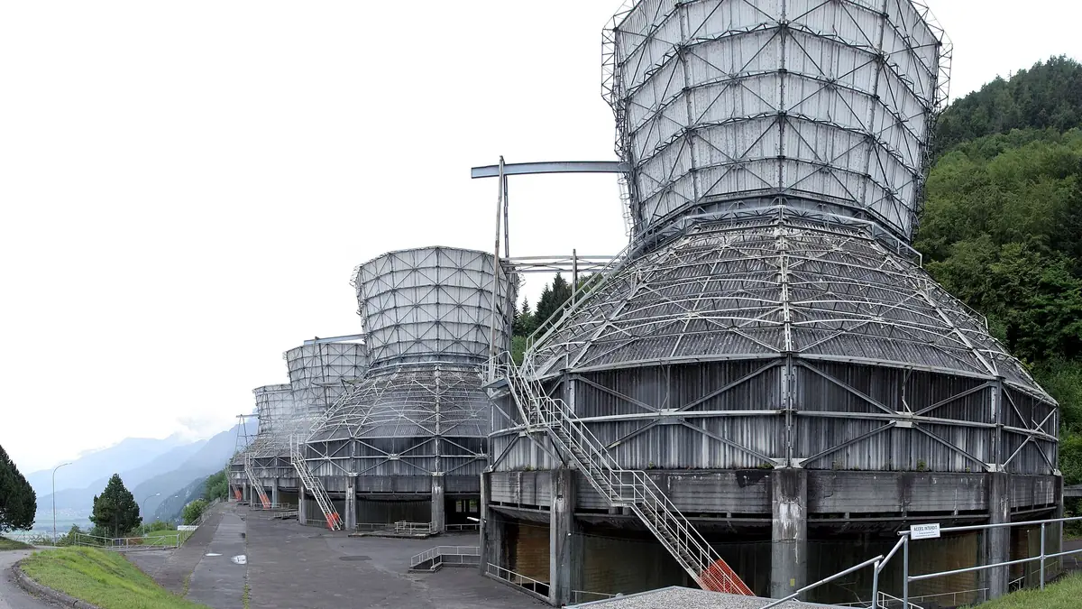 The 4 cooling towers of the abandoned power plant Chavalon ( Centrale Thermique de Vouvry ) close to Vouvry (Switzerland). Made with Hugin by stitching 6 single images