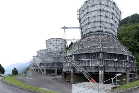 The 4 cooling towers of the abandoned power plant Chavalon ( Centrale Thermique de Vouvry ) close to Vouvry (Switzerland). Made with Hugin by stitching 6 single images