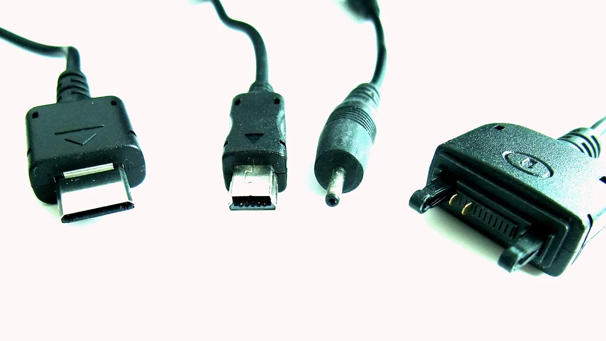 Charger connectors of different mobile phones (from the left: Samsung E900, Motorola V3, Nokia 6101, Sony Ericsson K750)