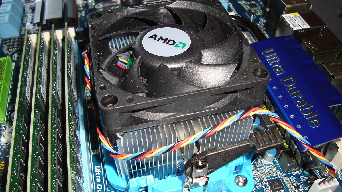 A heat sink for an AMD Phenom central processing unit (CPU) on an AM3 socket