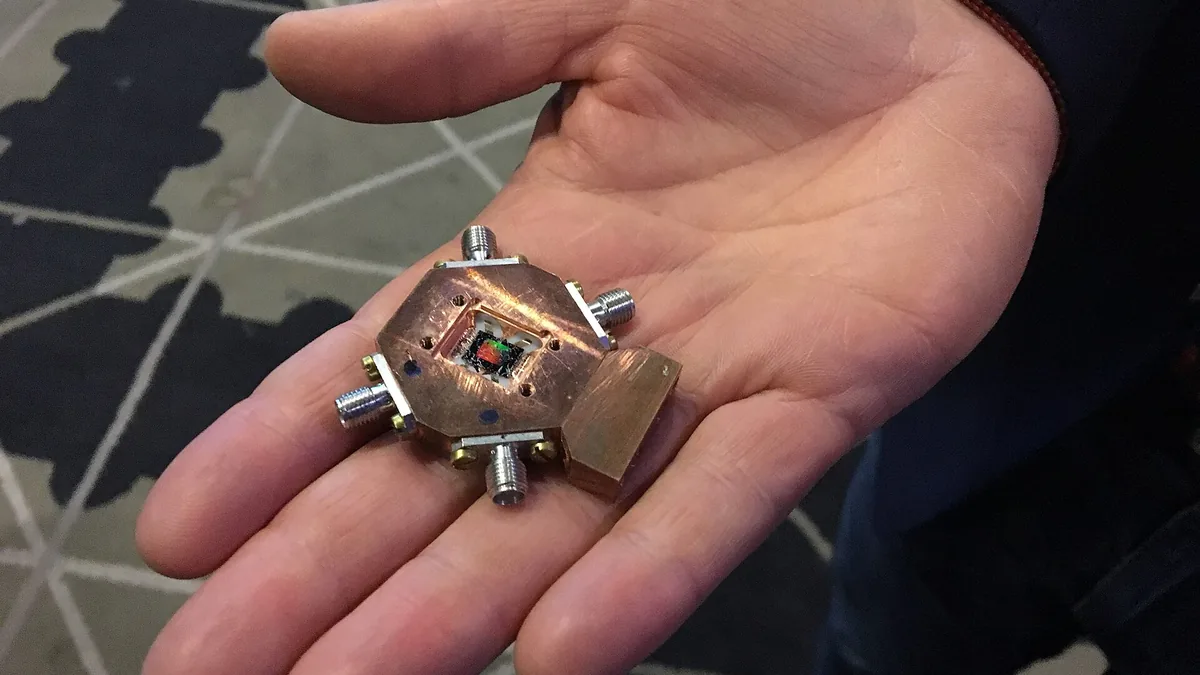 A quantum processor, for a quantum computer, with three quantum bits (qubits) and three read-out cavities, fabricated in May 2017 at the Nanofabrication Laboratory at Chalmers University of Technology