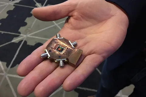 A quantum processor, for a quantum computer, with three quantum bits (qubits) and three read-out cavities, fabricated in May 2017 at the Nanofabrication Laboratory at Chalmers University of Technology