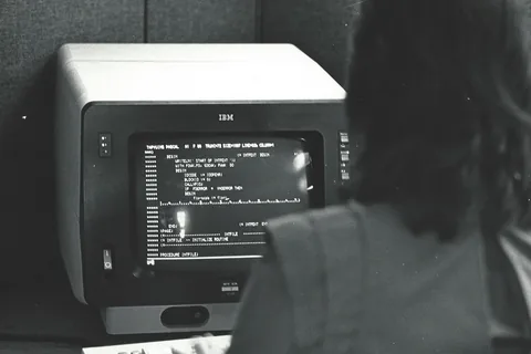 An Informatics General computer programmer working in a cubicle at the company's New York City office. She is looking at Pascal language code for the TAPS product on an IBM 3270 terminal